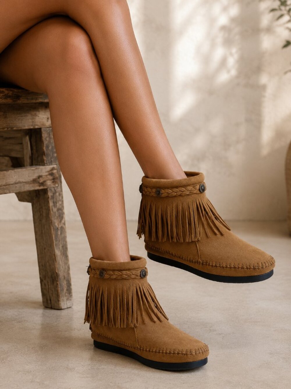 Minnetonka High Top Back Zip Fringe Boot Sz. 7